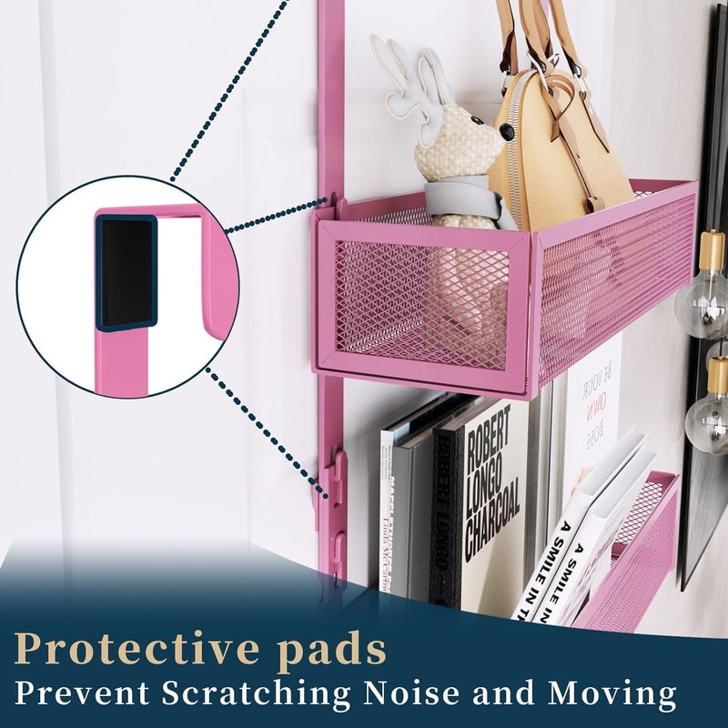 Consumest Over The Door Hooks Organizer - Extra Long Door Hanger with 9 Coat Hooks & 2 Mesh Basket, Back Storage Organizer Hanging Towels for Bathroom, Bedroom - Pink (for 1.76 in Doors) - Image 3